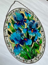 Colorful Stained Glass Suncatcher 9" x 6.5" Blue Iris Flowers Bee's Oval Hanging