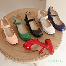 Women's Shiny Leather Mary Jane Shoes High Block Heel Dress Formal Office Lady's