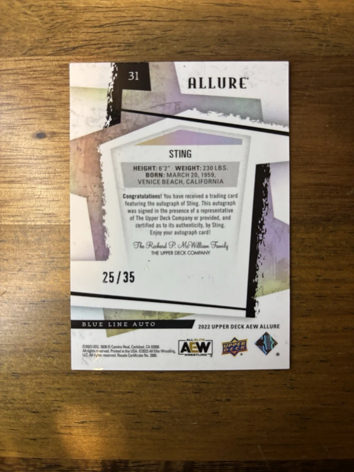 2022 Upper Deck Allure AEW - Sting Blue Line Auto /35 - Image 2 of 2