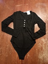 MANGOPOP Women's Black Ribbed 1/4 Button Long Sleeve Bodysuit Size XS