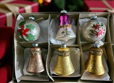 Vintage Ornaments Mercury Glass Poland Bells Hand Painted 1960s Bells Balls #213