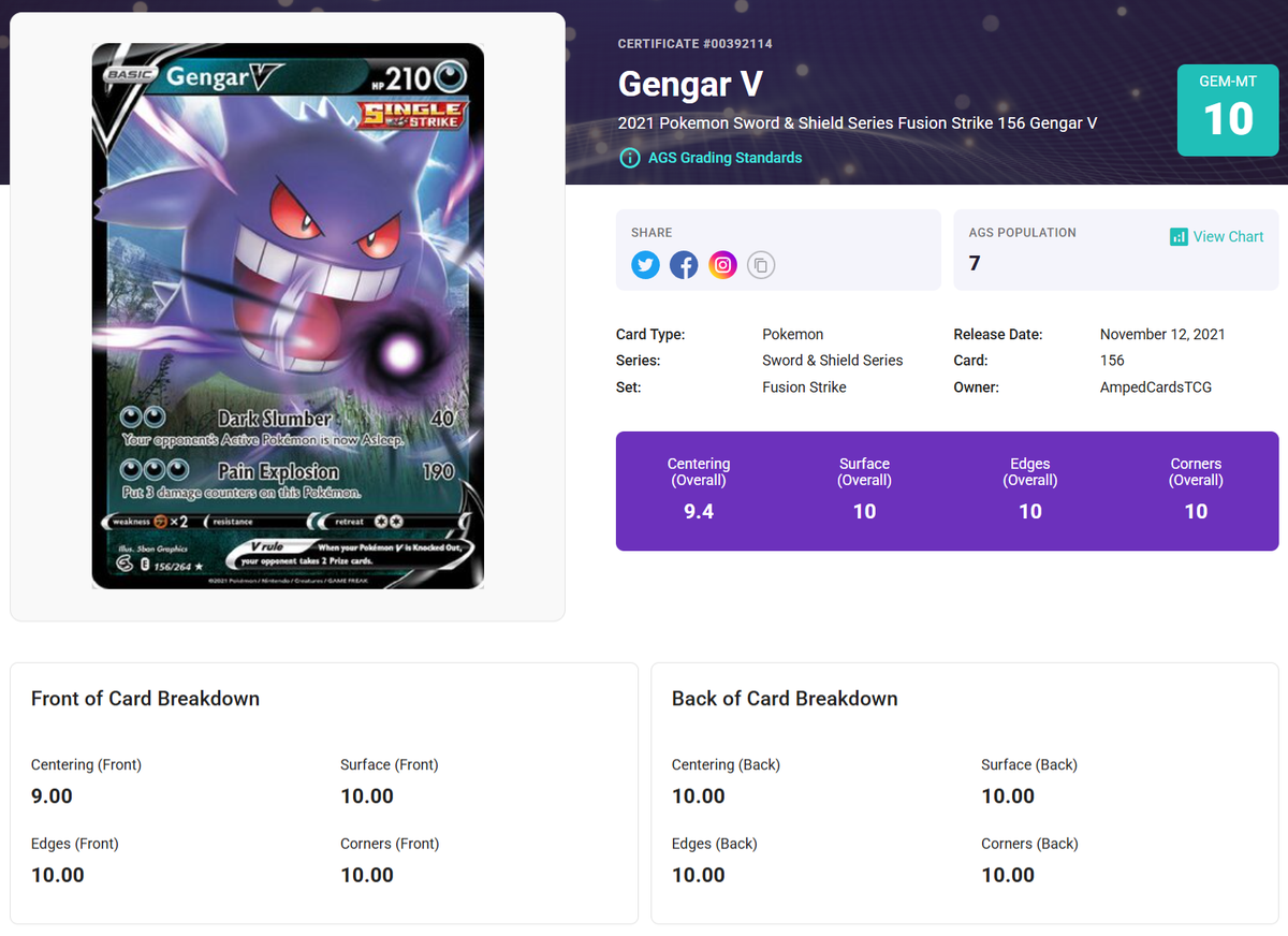 Gengar V 156/264 AGS Gem-MT 10 Fusion Strike Pokmon TCG 2021 | eBay