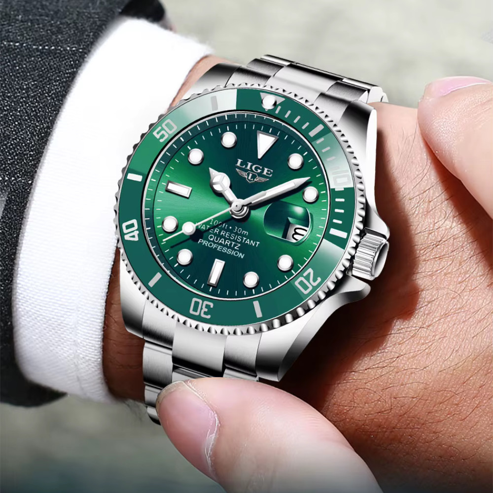 Montre Homme Quartz Vert et Acier Lige avec Aiguilles Lumineuses