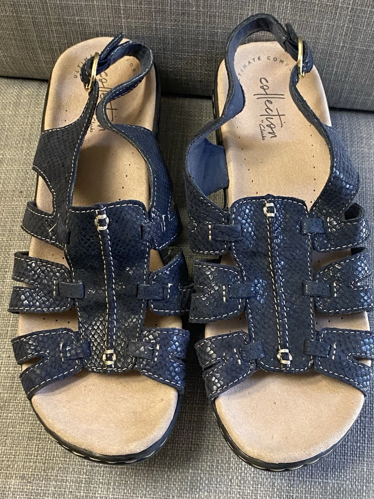 Sandali donna Clarks Lexi calendula taglia 7 5 blu navy snake slingback