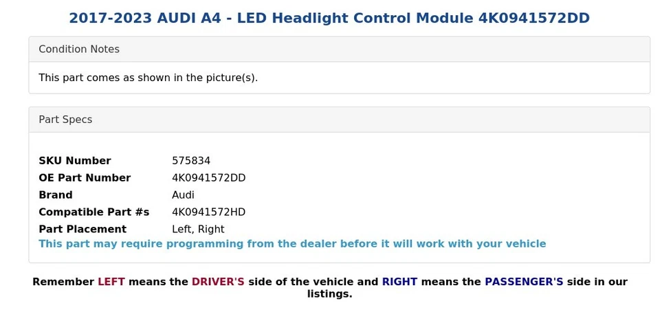 2017-2023 AUDI A4 - LED Headlight Control Module 4K0941572DD - Image 4 of 4