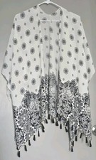 Summer Black and White Geometric Floral Kimono Cardigan Tassel Open Front Large