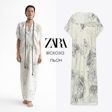 ZARA Linen Cream/Multicolor Long Made Of And Viscose With Maxi Dress Size S