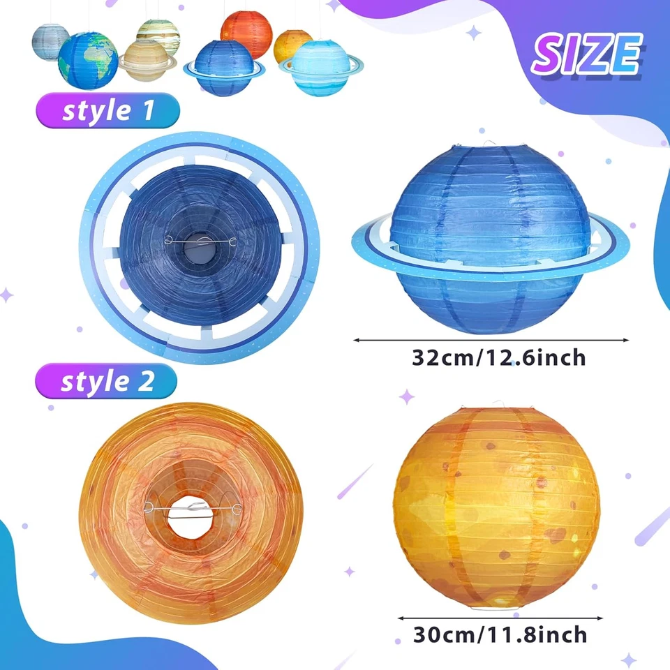 8 PIEZAS Linternas de Papel Planeta, 12 Pulgadas Espacio Exterior Decoración Fiesta, Sistema Solar Foto 3 de 4