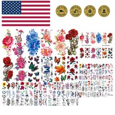 82 Sheets Flowers Temporary Tattoos Stickers, Roses, Butterflies and Multi-Co...