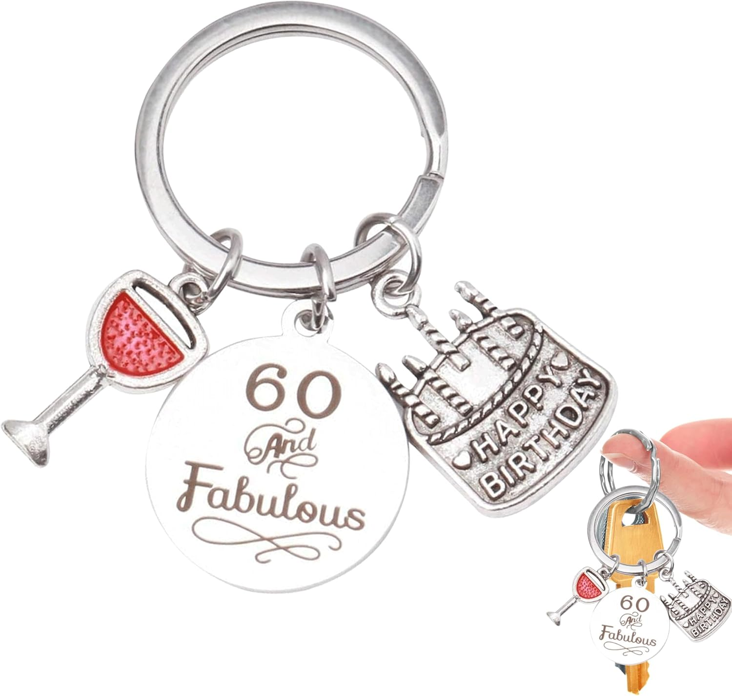 Bansusu 1Pcs 60Th Birthday Keyring Inspirational 60 and Fabulous Pattern Stain