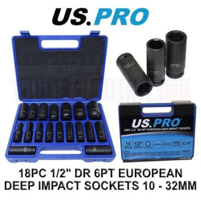 US PRO Tools 18 STCK. 1/2'' DR 6PT europäische Tiefschlagsteckdosen 10 - 32 mm 3923