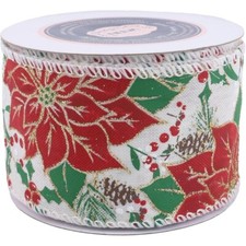 VATIN Cream Poinsettias Holly Berries Pine Gold Glitter Wired Ribbon