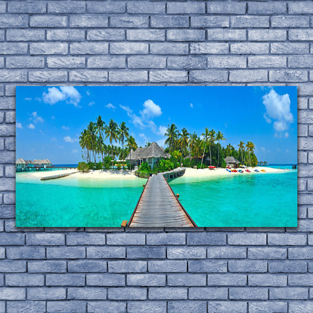 Image sur verre acrylique 140x70 de paysage marin avec ponton et paume