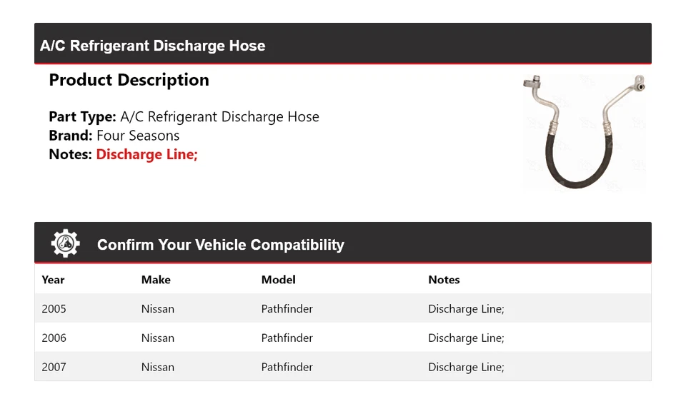 Manguera de descarga de refrigerante aire acondicionado Nissan Pathfinder 2005-2007 4 estaciones 2006 Foto 2 de 4