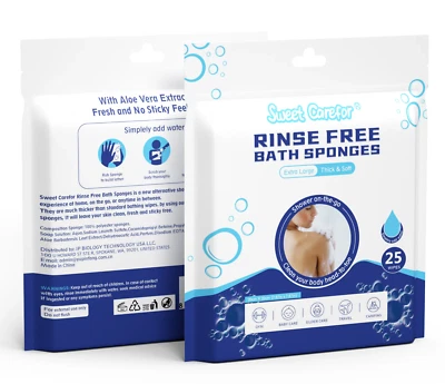 Sweet Carefor Rinse Free Bath Sponge, Body Wash Wipes for Bathing(2 packs of 25)