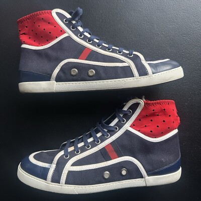 Gucci Trainers Sneaker Shoes High Top Blue Canvas Leather UK 9 US 9.5 Web Red