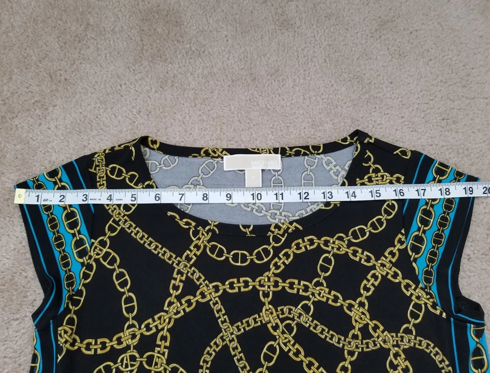 Sold out $98.00 Michael Kors Chain Print dress size M black/yellow/turquoise  - Image 3 of 4