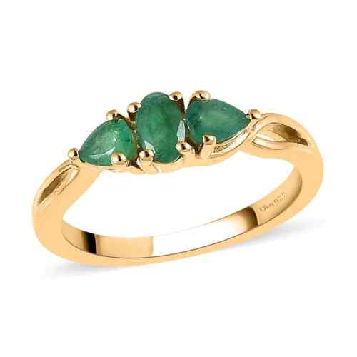 925 Silver Yellow Gold Plated AAA Natural Emerald 3 Stone Ring Size 8 ...