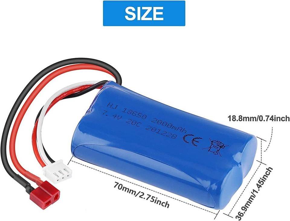 RoaringTop Batterie Li-ion 7,4 V 3000 mAh 2S rechargeable avec prise SM-2P et 2 chargeurs USB, convient pour bateau RC et la plupart des voitures télécommandées à l'échelle 1/10 1/12 1/16