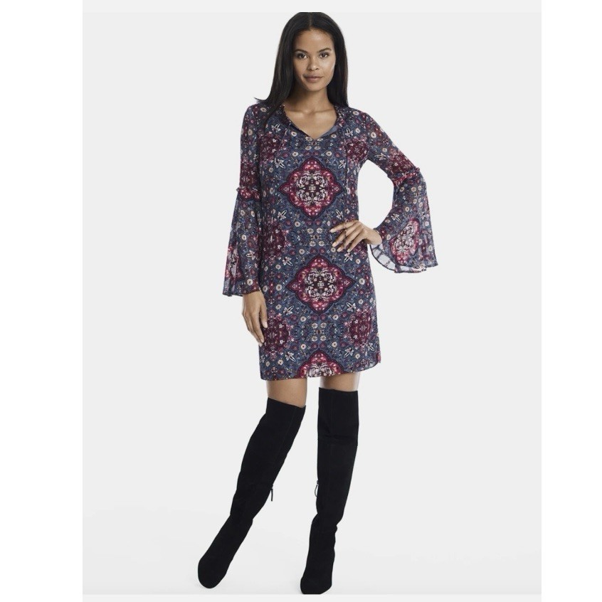 White House Black Market Medallion Floral Shift Dress Bell Sleeves XS Boho