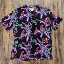 Camicia hawaiana vintage Paradise Found Magnum PI pappagallo nero viola uomo XL