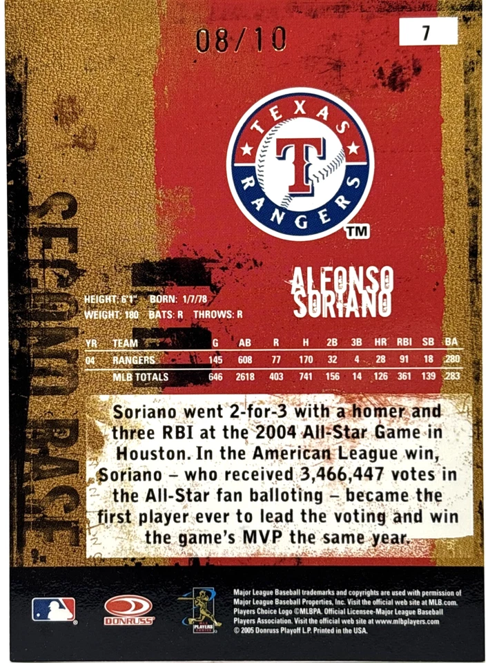 2005 Donruss Leather & Lumber - Alfonso Soriano - Gold Auto /10  Rangers Yankees - Image 2 of 2