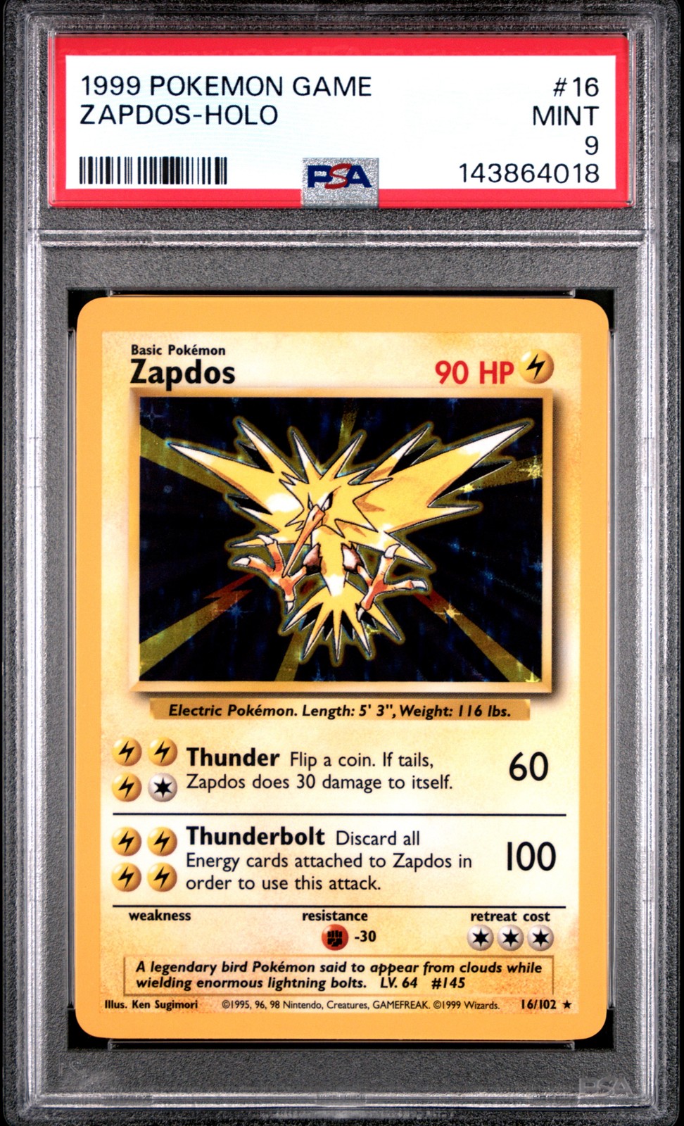 1999 POKEMON BASE SET UNLIMITED ZAPDOS #16/102 HOLO RARE PSA 9