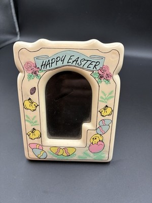 Happy Easter Vintage Small Picture Frame Plastic Rabbit Chicks Eggs Flowers
