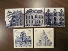 5 x vintage KLM Royal Dutch Airline Business Class porcelain delft tile coaster
