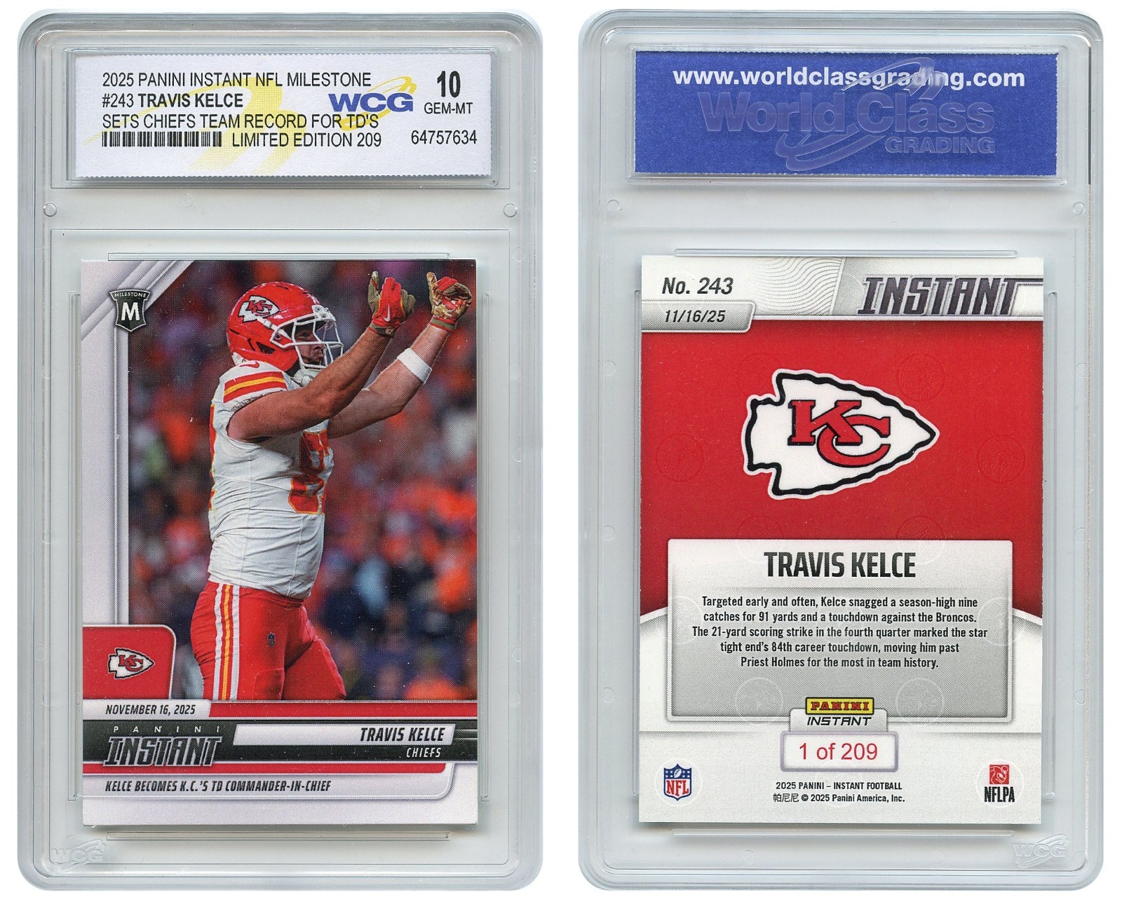 2025 NFL Panini TRAVIS KELCE Milestone KC Chiefs Record TD's #243 GEM-MINT 10