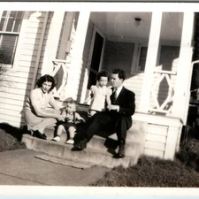 1945 Family Porch Portrait Snapshot Photo Adorable Children House Nostalgic Vtg