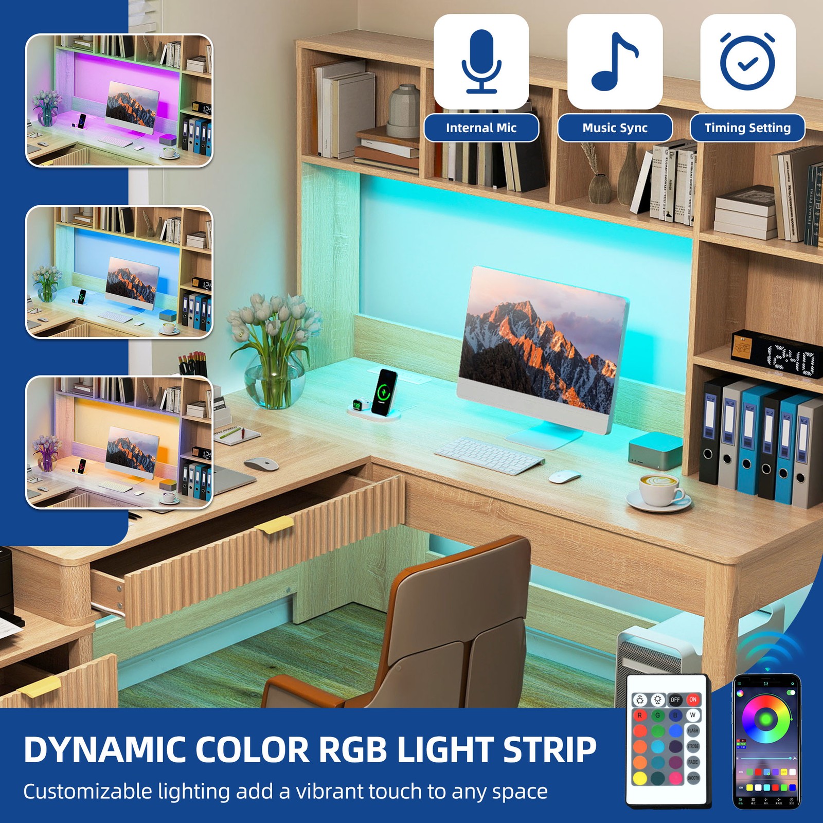 L Shaped Desk 67 inche Computer Desk Gaming Desk with Hutch & Drawers LED Lights