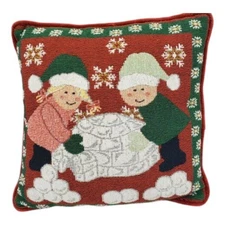 Christmas Winter Holiday Throw Pillow Boy And Girl Building Igloo 12"x12"x3"