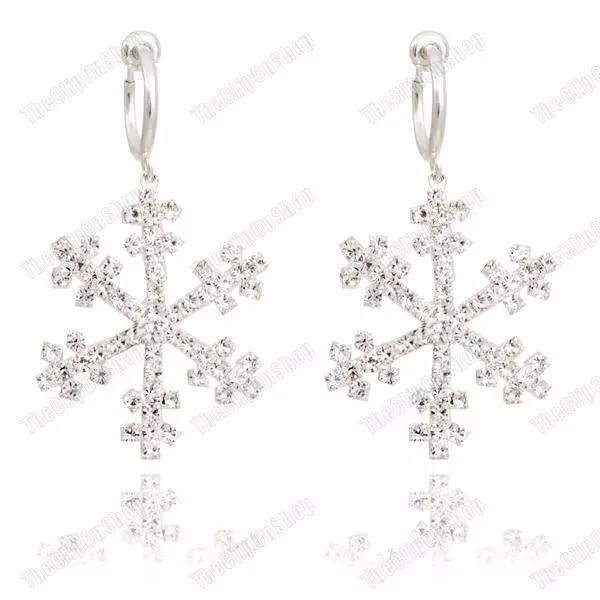 CLIP ON BIG CRYSTAL SNOWFLAKE EARRINGS glass rhinestone SILVER