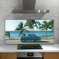 Glass Kitchen Tile Splashback Tile Cooker Panel Classic Car in Havana 140x70
