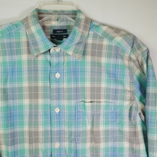 GAP Men's Size M Long Sleeve Front Button Shirt Classic Fit Plaid Green Blue - Picture 2 of 12
