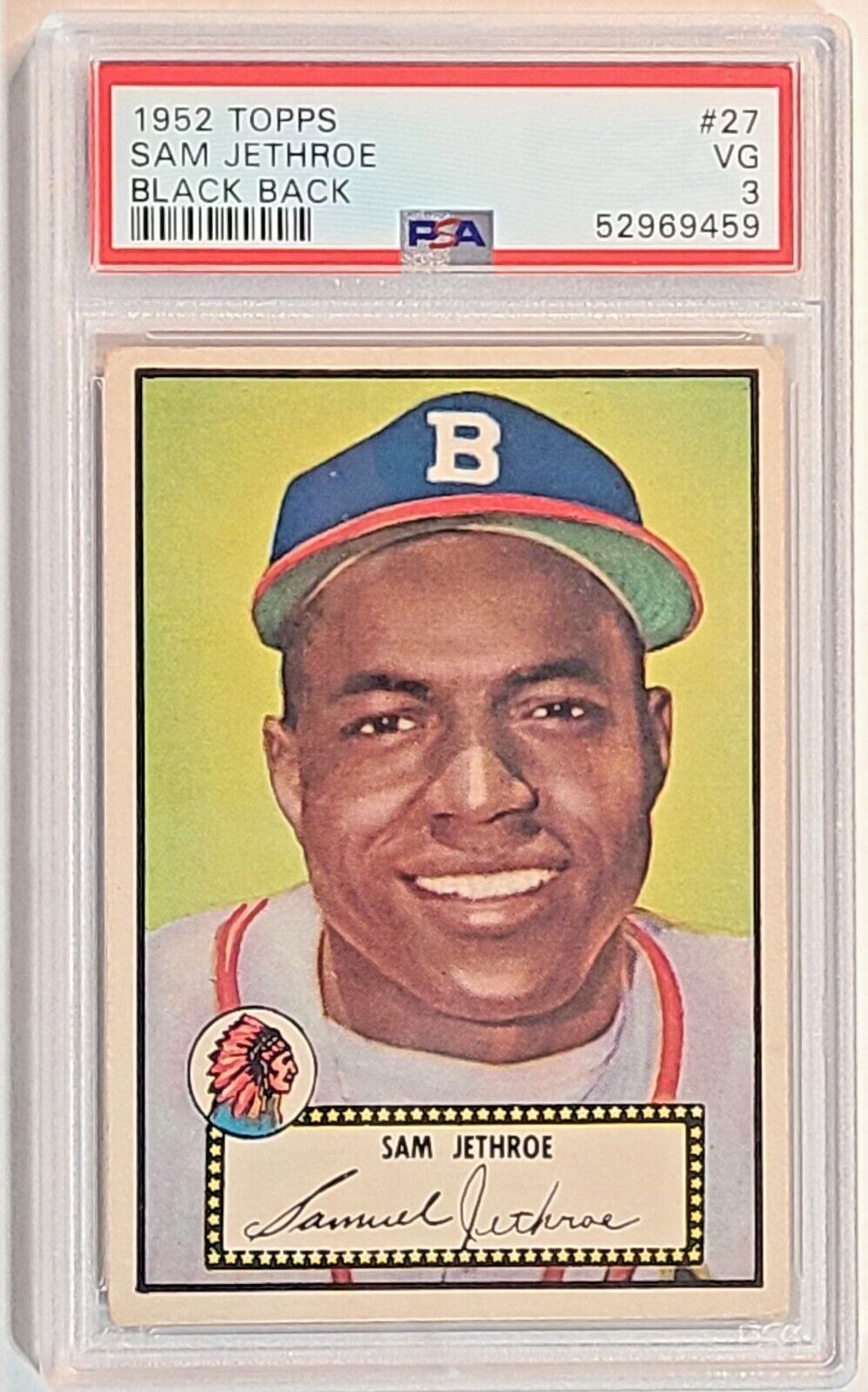 1952 topps black back # 27 boston braves outfielder sam jethroe vg-psa 3