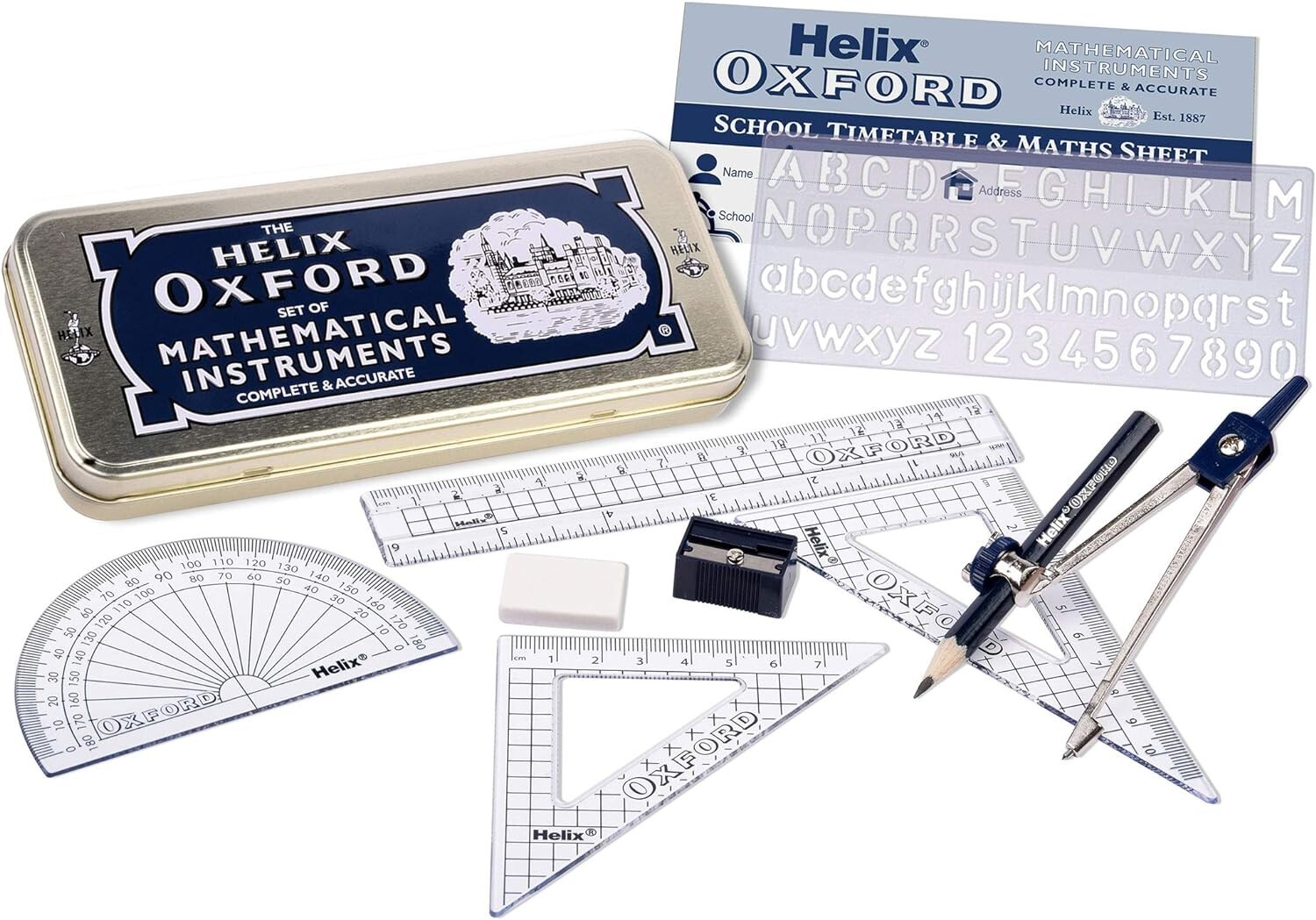Helix Oxford Maths Set of 9 Mathematical Metal Geometry Compass Eraser Pencil UK