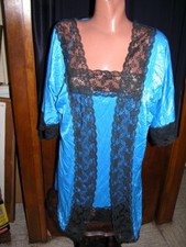 Vintage Blue with Black Lace Short Robe Nightie Set Size Medium
