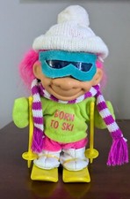 Vintage 5" Troll Born to Ski Skier with Goggles Scarf, Hat, 2 Poles, 2 skis