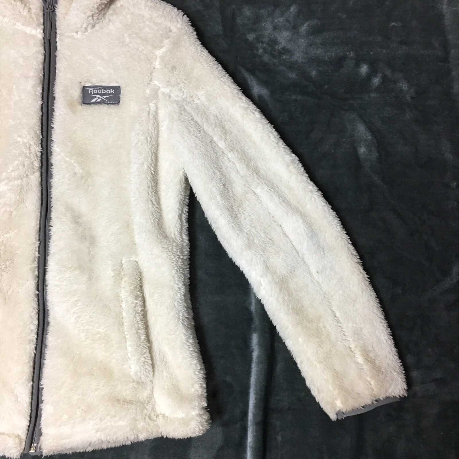 OFF WHITE Felpa con cappuccio donna Reebok cerniera intera pile bianca media con accenti grigi