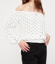 EX DOROTHY PERKINS IVORY BLUE FLORAL PRINT CRINKLE BARDOT TOP NEW (ref 405) SALE