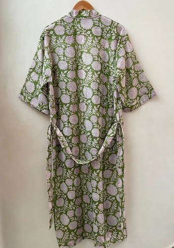 Indian Green Floral Print Cotton Robes Long Kimono Sleepwear Night Kimono Robes - 第 4/4 張圖片