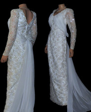 Wedding Dress White ALL OVER Sequins Sheer Chiffon LACE GOWN Nina Baldwin Size 4