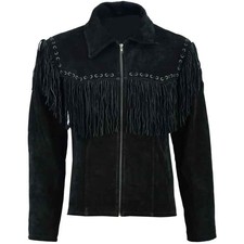 Mens Western Wear Suede Leather Cowboy Fringe Shirt Style  American Black Jacket