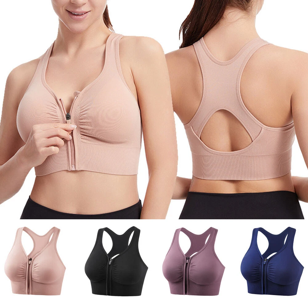 Women Zip Front Sports Bra Wireless Post-Surgery Bra Active Yoga Gym  Workout