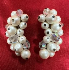 Cluster White  & Crystal  bead  Clip On Earrings signed Laguna