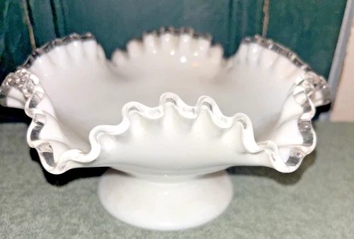 Vintage Fenton Silver Crest Candy Dish (Ruffled Clear Edge on White Milk Glass)