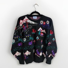 Vintage Meister Novelty Village Scene Wool Blend Ski Sweater Size M Cabin Core