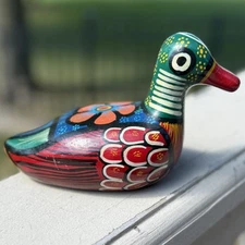 VTG Tonala Mexico DUCK Bird Colorful Folk Art Hand Painted Clay Pottery Signed
